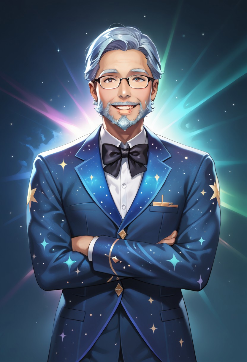 score_10, score_9_up, score_8_up, score_7_up, score_6_up, vibrant colors, shiny skin, prefect lighting, detailed image, snoozing, masterpiece, best quality, highly detailed, ultra quality, BREAK, 
<lora:galaxyXLP:1> galaxy, 
1man, solo,, old man, Glasses, beard,, detailed face, smiling, jewelry ,,suit made of galaxy, black bow tie, ((clothes made of galaxy)),  
looking at viewer, detailed background , indoors , cinematic composition , dynamic pose , Arms crossed ,