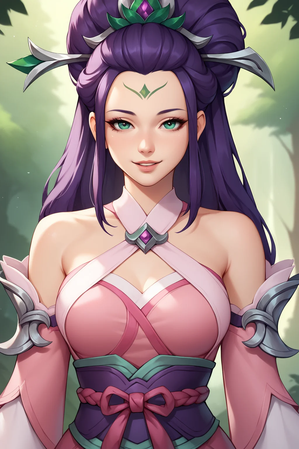 score_9, score_8_up, score_7_up, score_6_up, BREAK, JannaSSPXL, green eyes, purple hair, long hair, hair ornament, forehead, medium breasts, bare shoulders, pink dress, detached sleeves, long sleeves, purple sash, pink ribbon, solo, front view, (portrait, upper body), solo focus, seductive smile, looking at viewer, forest, tree <lora:JannaSSPXL:0.8>