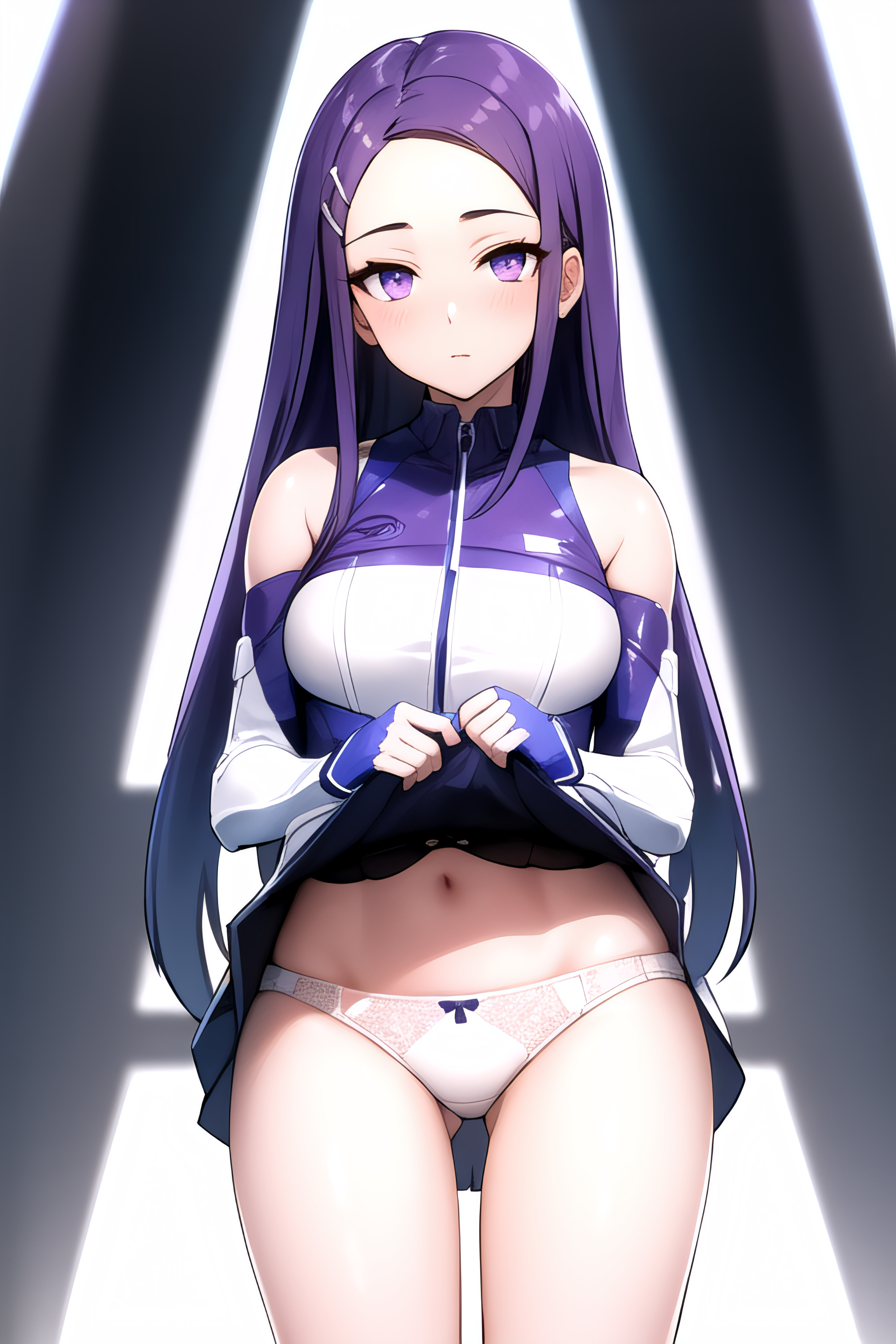 (((masterpiece, best quality, ultra-detailed, ray tracing))), deph of field, (perfect face, detailed face),shiny eyes, fair skin,((high quality face, soft skin )),  <lora:ange:1>,(ange:1.2), purple hair, purple eyes, long hair, hair ornament, hairclip, ,( cowboy shot:1.2), blurry background,  standing, from front, bare shoulders, skirt lift, white panties, forehead,