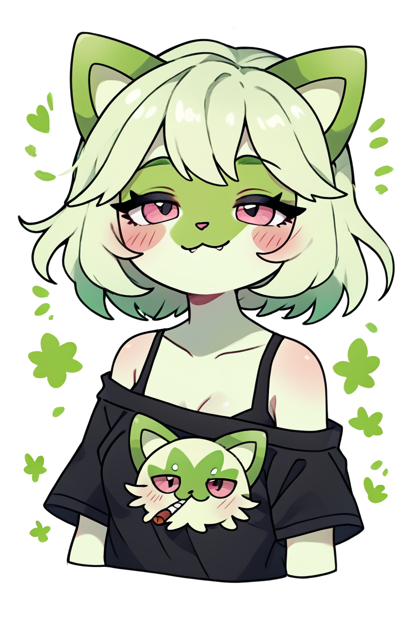 score_9, score_8_up, score_8, medium breasts, (curvy), cute, eyelashes,       BREAK, ,  zzWdcat, 1girl, looking at viewer, blush, short hair, simple background, shirt, white background, animal ears, bare shoulders, upper body, short sleeves, green hair, artist name, cat ears, off shoulder, black shirt, :3, blush stickers, half-closed eyes, cat girl, furry, cropped torso, furry female, <lora:Wdcat_PDXL:1.0>, , BREAK, smile, looking at viewer, cowboy shot, ,,, embedding:zPDXL, Expressiveh, ,,, <lora:CuteToonPDXL:0.8>, <lora:SDXLFaeTastic2400:0.5>, <lora:Expressive_H-000001:0.4>,