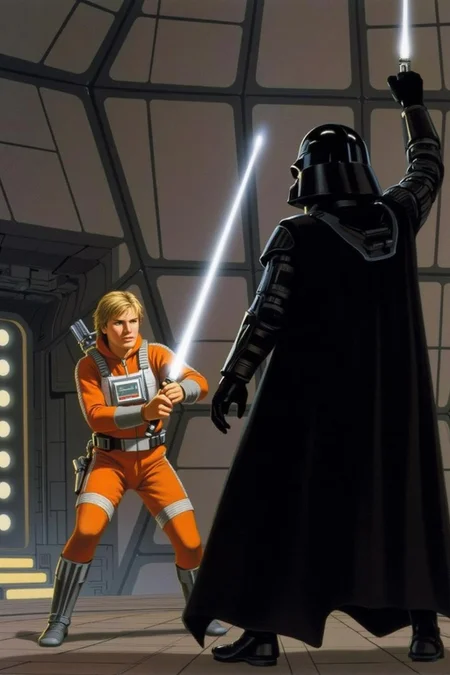 ralphmcq1 painting. A dramatic scene from the Star Wars universe set inside a space station. On the left is Luke Skywalker, is dressed in his orange and white Rebel Alliance X-Wing Fighter pilot suit, holding a lightsaber. On the right is Darth Vader, viewed from behind, holding up his lightsaber, reading to strike. <lora:ralphmcq_cap_d6a3:1.0><lora:830327550669637588:0>