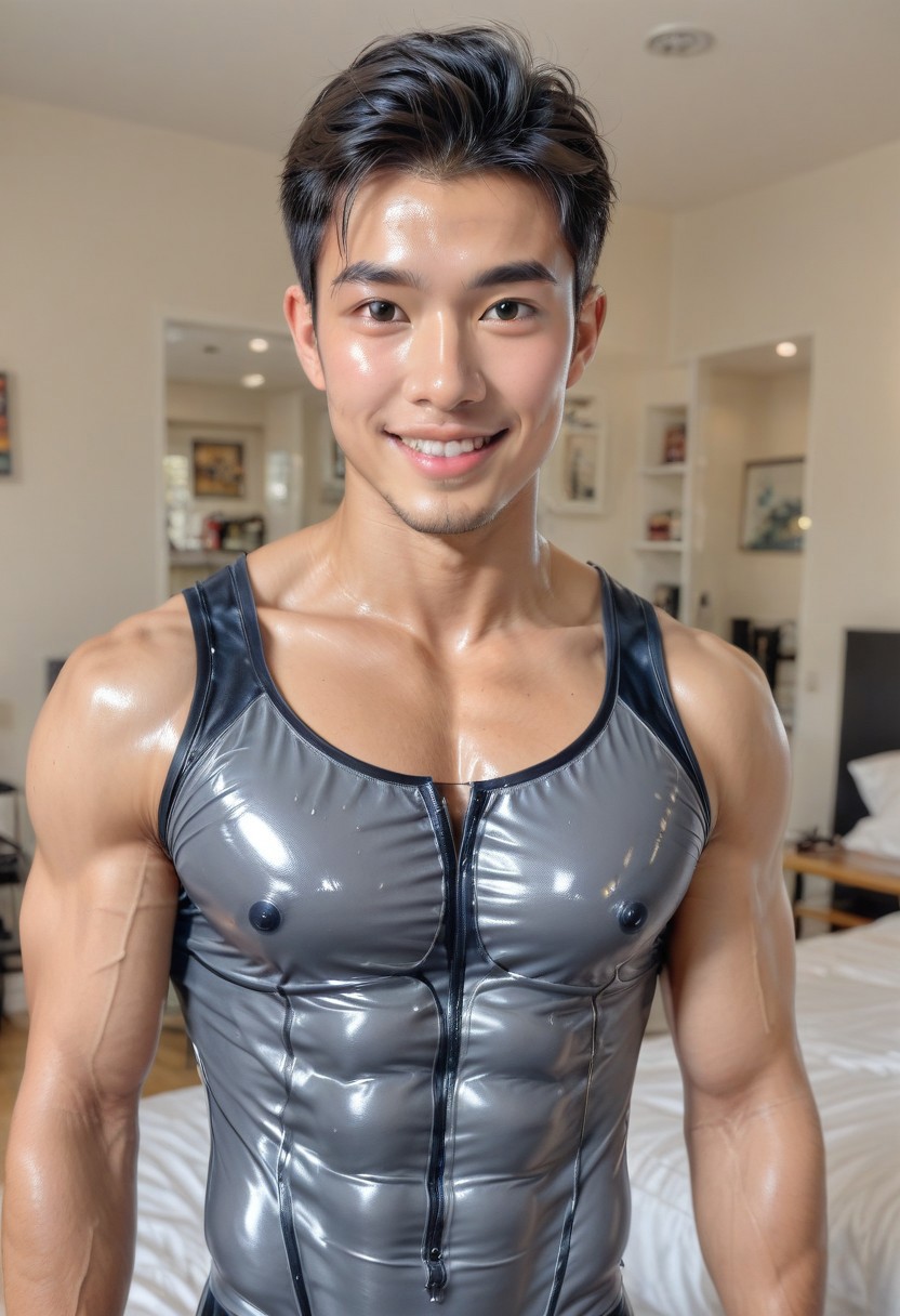 close-up of a fit Asian male chest arms and torso covered in oil,((masterpiece)), ((best quality:1.2)), High Resolution, 8k, (ultra_realistic:1.3), (photorealistic:1.4), sharp focus, yaoi, 1boy, (perfect nod face), extra wide-range, (wearing lycra), lycra suit, lycra bulge, male focus, shortest black hair, age 28, (perfect handsome young cute face:1.4), smiling, (shiny white skin:1.3), (attractive muscular hunk), (broad shoulders), large pectorals, depth of field, in a bedroom,