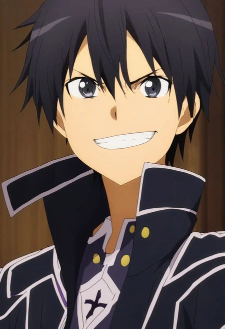 high resolution, solo, best quality, 1Boy, Kazuto Kirigaya, Black Hair, Black Eyes, portrait, looking at viewer, angry, smile, OverallDetail