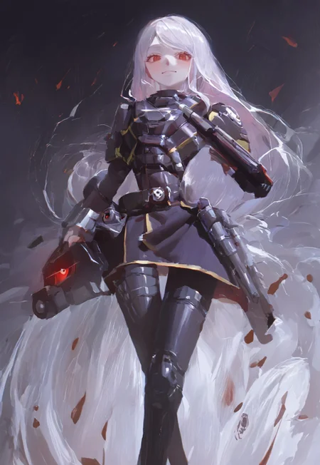 score_9, score_8_up, score_7_up, detailed, (shalltear, helldiver:1.4),1girl,silver hair,long hair,red eyes,small petite chest,pale skin, military uniform, detailed happy eyes, sadistic smile, looking at viewer, dusty desert planet, machinegun in one in hand (((shalltear in full height)))