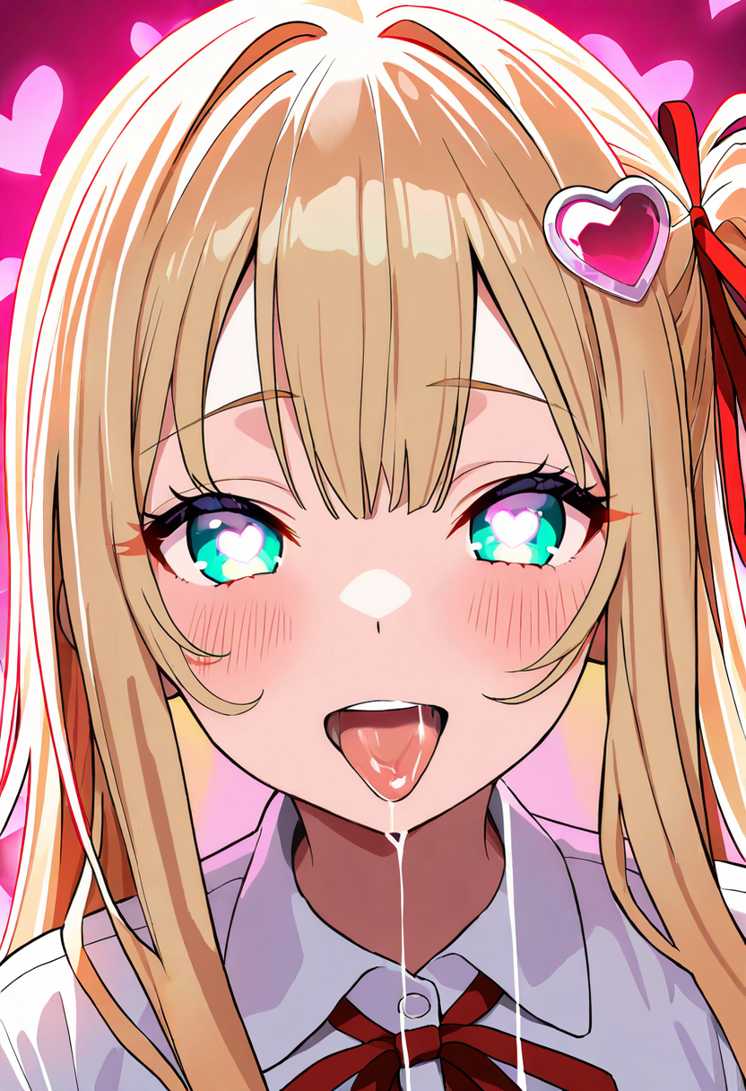 masterpiece, best quality, very aesthetic, absurdres,1girl, aqua eyes, blonde hair, blush, eyelashes, hair ornament, heart,glowing heart-shaped pupils,heart background, heart hair ornament, long hair, looking at viewer, one side up, open mouth, pink background, portrait, red ribbon, ribbon, saliva, shirt, sidelocks, smile, solo, symbol-shaped pupils, teeth, tongue, tongue out, upper teeth only