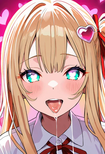 masterpiece, best quality, very aesthetic, absurdres,1girl, aqua eyes, blonde hair, blush, eyelashes, hair ornament, heart,glowing heart-shaped pupils,heart background, heart hair ornament, long hair, looking at viewer, one side up, open mouth, pink background, portrait, red ribbon, ribbon, saliva, shirt, sidelocks, smile, solo, symbol-shaped pupils, teeth, tongue, tongue out, upper teeth only