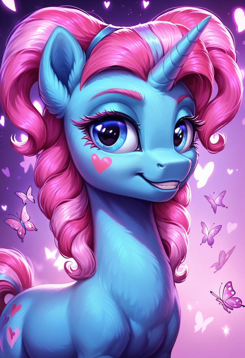 masterpiece, score_9, score_8_up, score_7_up, score_6_up, (best quality:1.1), ultra-detailed, high resolution, (UNICORN PONY)), (SOLO), (1GIRL), (FERAL PONY), ((KIWI LOLLIPOP), (pony nuzzle), ((detailed pink hair with light pink and blue stripe:1.5)), (highly detailed pony face), (highly detailed eyelashes:1.5), (beautiful detailed blue eyes), (detailed blue fur:1.5), (smirking), ((highly detailed purple pink heart shaped stage  background:1.5)), (purple pink flowers:1.5), (pink purple stage lights:1.5), (purple pink butterflies:1.5), high quality, sharp, the quality of ai art is frightening, highly detailed, Highly Visible, sharp focus, high detail, detailed background,
