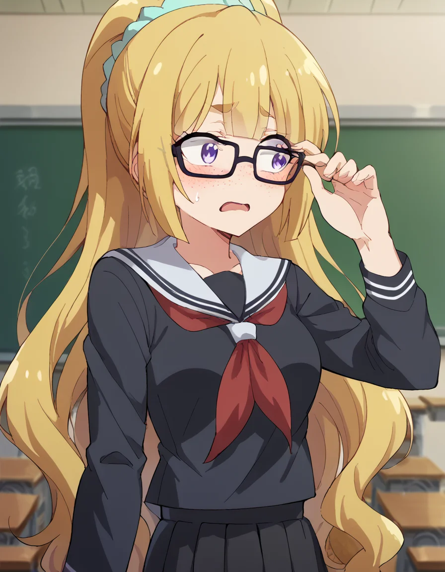 score_9, score_8_up, score_7_up, source_anime, keikaruizawa, <lora:kei-karuizawa-anime-s2-ponyxl-lora-nochekaiser:1>, kei karuizawa, long hair, bangs, blunt bangs, purple eyes, blonde hair, hair ornament, ponytail, scrunchie, blue scrunchie, medium breasts,, <lora:jimiko-ponyxl-lora-nochekaiser:1>, jimiko, glasses, black-framed eyewear, messy, unkempt, thick eyebrows, twintails, braids, freckles, baggy eyes,, blush, open mouth, embarrassed, classroom, adjusting eyewear, serafuku, black serafuku, red neckerchief, skirt, black skirt, pleated skirt, cowboy shot, <lora:averting-eyes-ponyxl-lora-nochekaiser:1>, averting eyes,