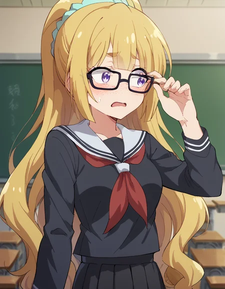 score_9, score_8_up, score_7_up, source_anime, keikaruizawa, <lora:kei-karuizawa-anime-s2-ponyxl-lora-nochekaiser:1>, kei karuizawa, long hair, bangs, blunt bangs, purple eyes, blonde hair, hair ornament, ponytail, scrunchie, blue scrunchie, medium breasts,, <lora:jimiko-ponyxl-lora-nochekaiser:1>, jimiko, glasses, black-framed eyewear, messy, unkempt, thick eyebrows, twintails, braids, freckles, baggy eyes,, blush, open mouth, embarrassed, classroom, adjusting eyewear, serafuku, black serafuku, red neckerchief, skirt, black skirt, pleated skirt, cowboy shot, <lora:averting-eyes-ponyxl-lora-nochekaiser:1>, averting eyes,