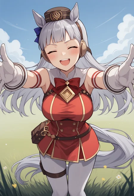score_9, score_8_up, score_7_up, source_anime, gsdef, grey hair, horse ears, blunt bangs, long hair, pillbox hat, horse tail, red bow, armband, red dress, sleeveless dress, double-breasted, white gloves, white pantyhose, thigh strap, large breasts, closed eyes, incoming hug, outstretched arms, blush, happy, smile, open mouth, pov, outdoors, sky, grass, cowboy shot, happy<lora:GoldShipPDXLv6:1>