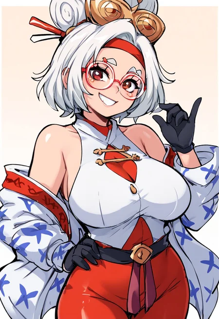 score_9, score_8_up, score_7_up, score_6_up, score_5_up, score_4_up, source_cartoon, <lora:confetti-extract- ponyxl:0.85>, detailed eyes, easynegative, rating_explicit, Expressiveh, 1girl, solo, boco, close up
purah, 1girl, glasses, white hair, red eyes, black gloves, , red-framed eyewear, hair ornament, off shoulder, sleeveless shirt, hair stick, jacket, bare shoulders, short hair, headband
big breasts, cleavage , smiling to viewer