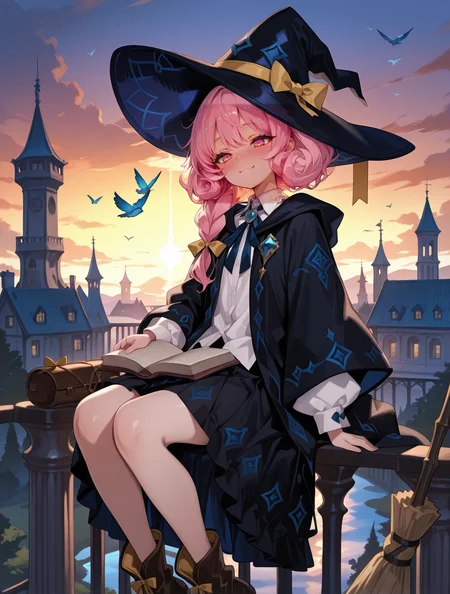 perfect quality,high quality,masterpiece,best quality,amazing quality,very aesthetic,absurdres,
voluminous curls hair,lightpink hair,bird,hat,witchhat,sitting,skirt,shirt,witch,whiteshirt,outdoors,book,lookingatviewer,robe,collaredshirt,scenery,longsleeves,blackheadwear,ribbon,pillar,blackrobe,sky,openclothes,openbook,neckribbon,smile,closedmouth,crossedlegs,cloud,brownfootwear,widesleeves,brooch,braid,tower,railing,column,blush,openrobe,holding,jewelry,frilledskirt,sunset,sidesaddle,bow,barelegs,building,yellowribbon,shoes,blackskirt,boots,singlebraid,fantasy,broom,hatribbon,frills,jacket,
ASIC0601CYQL,<lora:ASIC0601CYQL:1>,backlighting,usnr,gbf_style,748cmstyle,<lora:USNR STYLE_XL_loha:0.45>,<lora:MGE_V5.3:0.6>,<lora:748cmSDXL:0.8>,<lora:ponyv5_noobV065S_1_adamW:0.7>,<lora:backlitILL:0.5>,,