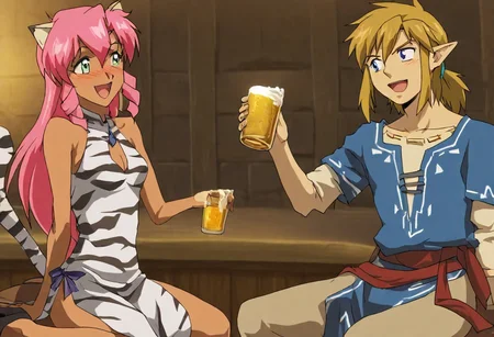 Pink_DragonPink, 1girl, sleeveless dress, white tiger print dress, pelvic curtain, cleavage, white tiger tail, red sash, small breasts, leather shoes, masterpiece, very aesthetic, cute expression, smiling, <lora:pink-illustrious:1>, 
Break
(anime, anime coloring:1.3),1boy,Anime screencap,link (zelda),blonde hair,blue eyes,pointy ears, wearing blue hyilian tunic, smiling,
Hyrule tavern, tavern interior, moody lighting, holding beer, happy, open mouth, sitting, bar stool, blush, drunk,