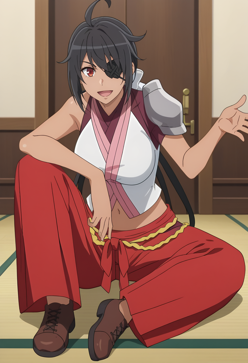 score_7_up, anime screencap,
<lora:DanMachi_TsubakiCollbrandeXL:0.9>, TsubakiCollbrande,
1girl, open mouth, light smile,
dark skin, short hair, low ponytail, black hair, eyepatch, red eyes, ahoge, hair bow, white bow,
multicolored shirt, sleeveless, white shirt, shoulder armor, large breasts, navel, hip vent, kote, red hakama,
cross-laced footwear, brown footwear,
sitting, looking at viewer,
indoors