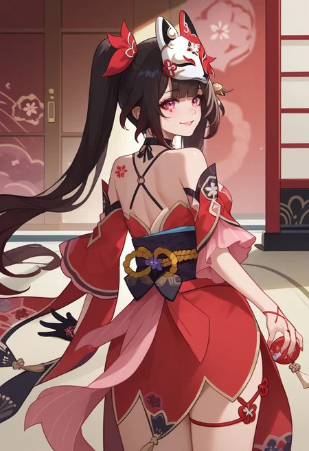 score_9, score_8_up, score_7_up, source_anime, 1girl, sparkledef, pink eyes, long hair, twintails, fox mask, mask on head, bell, black choker, bare shoulders, flower tattoo, criss-cross halter, detached sleeves, red dress, japanese clothes, obi, black sash, black gloves, single glove, thigh strap, standing, smile, looking at viewer, indoors, shrine, portrait, close-up, facing viewer, hand on hip, from behind, looking back, <lora:Sparkle_v1-000010:1>