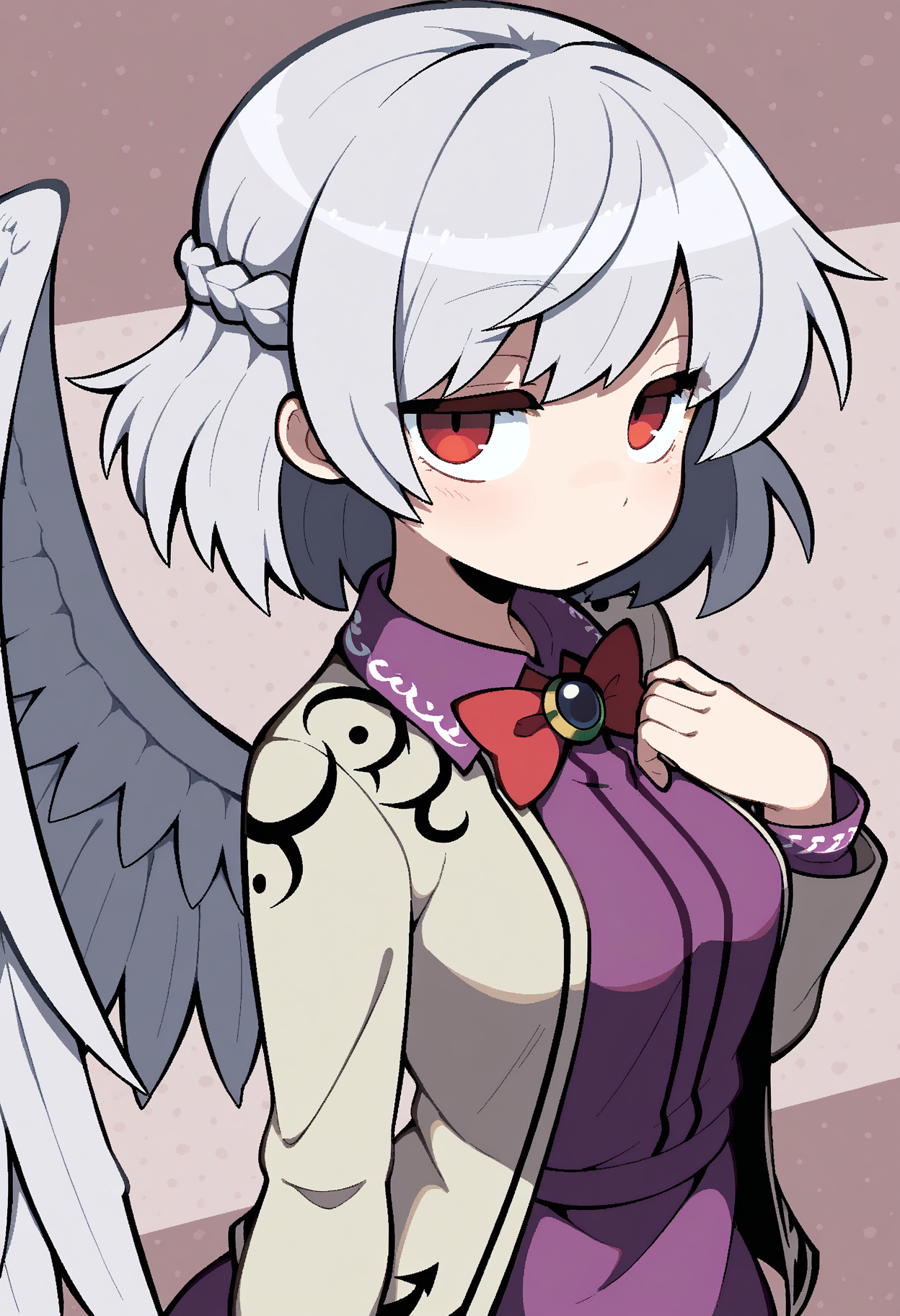 masterpiece,best quality,amazing quality,
1girl, kishin sagume, solo, red eyes, wings, single wing, short hair, purple dress, looking at viewer, jacket, long sleeves, bowtie, bow, white hair, feathered wings, upper body, white wings, dress, braid, red bowtie, red bow, french braid, bangs, grey hair, angel wings,
<lora:AverageHanzo_epoch_10:1>