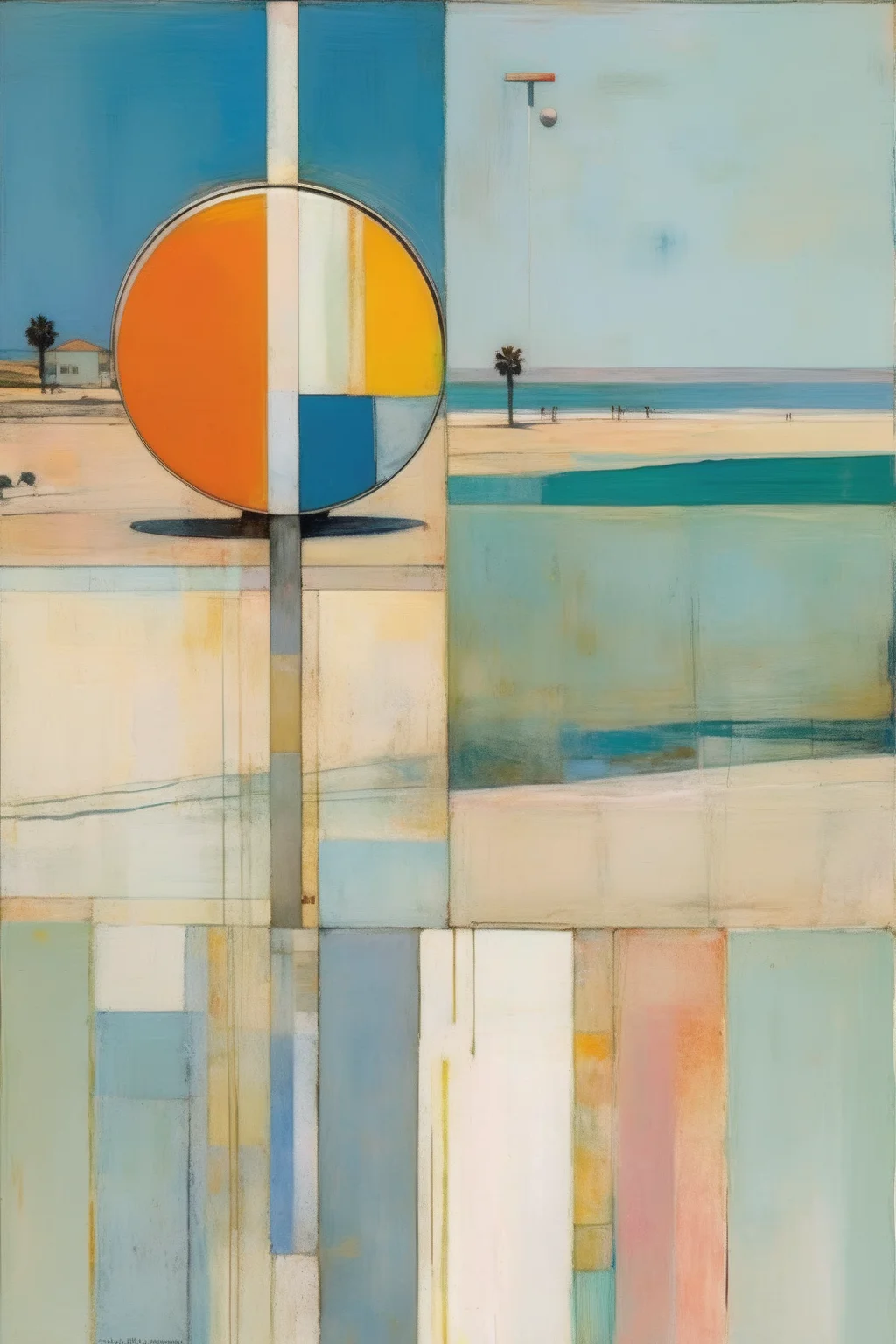 <lora:Raimonds Staprans Style:1>Raimonds Staprans Style - art by Richard Diebenkorn and Wayne Thiebaud. A Southern California beach scene. Golden Hour.