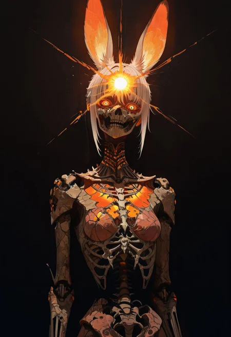 masterpiece, best quality, highly detailed, score_9, score_8_up, score_7_up, score_6_up, dramatic lighting, shadows, dynamic posture, sexy attire, seductive, revealing clothes, 1girl, stylized rabbit sculpture, surreal aesthetic, fragmented cracked form, dried earth texture, exposed bone structure, interwoven skeletal details, muted earthy tones, beige highlights, light brown shading, orange accents in ears, sandy desert landscape, distant muted mountains, rough detailed textures, bright light casting shadows, hyperrealistic rendering, painterly dream-like quality, intricate cracked texture, skeletal emphasis, sun-baked desolate atmosphere, desert-inspired design, natural tones palette, artistic surrealism, sculptural organic motifs, dramatic lighting contrasts, textured natural surfaces, artistic desert vibe, hauntingly intricate details, evocative visual composition, upper body