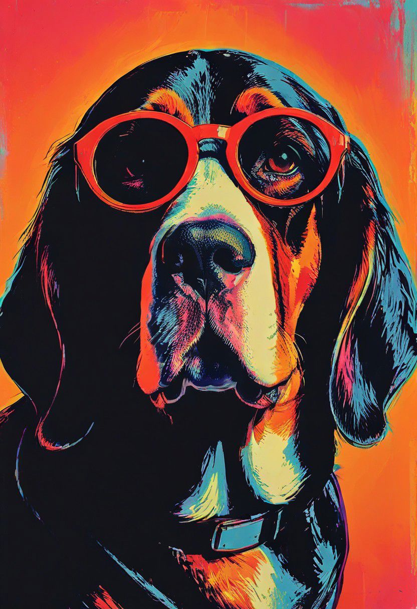 impactful color paint of, a Basset Hound, wearing dark sunglasses, highly detailed, vibrant colors , 8k, sharp, professional, clear, high contrast, high saturated, , vivid deep blacks, crystal clear
