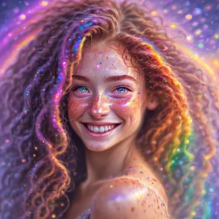 rainbow eyes, multicolored eyes, beautiful, 1girl, (freckles), big smile, ruby eyes, long curly hair, dark makeup, hyperdetailed photography, soft light, head and shoulders portrait, cover <lora:rainbow_iris-000007:1>