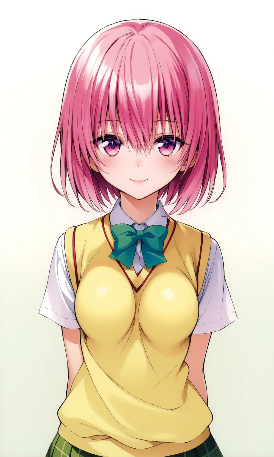 momo velia deviluke, pink eyes, pink hair, short hair, medium breast, school uniform, skirt, sweater vest, looking at viewer, light smile, upper body,
masterpiece, best quality, very aesthetic, absurdres, straight-on,
<lora:YabukiKentarou_XL:0.9>