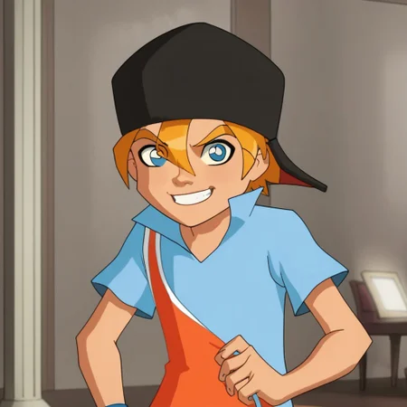 1boy, solo, leo, black cap, blonde hair, cyan eyes, smile