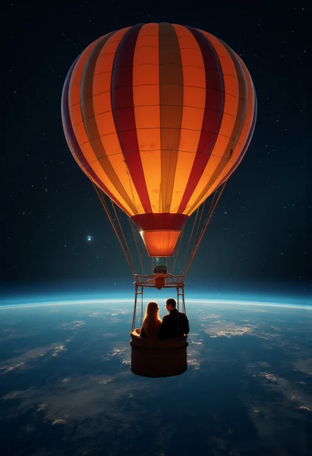 A picture of a man and a woman, romantically inside the basket of a hot air balloon. The hot air balloon is floating through space. In the distance below is the surface of the Earth. In the background is space, dark with many stars.