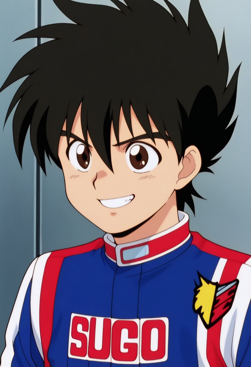 masterpiece,best quality,amazing quality, source_anime,
hayatokazami, 1boy, male focus, solo, brown eyes, black hair, racing suit, jumpsuit, blue jumpsuit, multicolored jumpsuit, smile, grin, portrait,