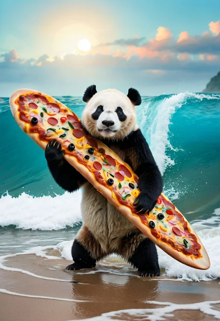 portrait of a cute panda surfing on a giant pizza slice in a tropical ocean :: bright and bold colors, intricate details, surreal and comical, fantastically fun