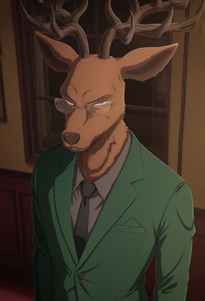 Masterpiece, best quality, high quality, detailed, male, solo male, 1boy, Oguma, mature male, anthro, deer, reddish brown body, black eyes, beastars, antlers, animal ears, broad shoulders, athletic build, glasses, looking at viewer, scowl, gray shirt, black tie, green suit, half body, volumetric lighting, standing, office, standing near window, w0lfc0nf