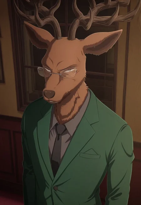 Masterpiece, best quality, high quality, detailed, male, solo male, 1boy, Oguma, mature male, anthro, deer, reddish brown body, black eyes, beastars, antlers, animal ears, broad shoulders, athletic build, glasses, looking at viewer, scowl, gray shirt, black tie, green suit, half body, volumetric lighting, standing, office, standing near window, w0lfc0nf