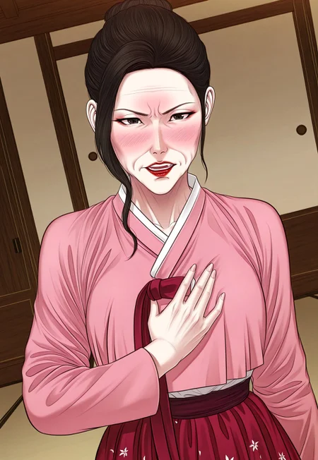 score_9, score_8, score_7_up, score_6_up, score_5_up, 1girl, solo, ja-young lee, old woman, gilf, pale skin, brown hair, red lips, large breasts, saggy_breasts, lipstick, makeup, wrinkles, face with wrinkles, single_hair_bun, hair bun, black eyes, pink hanbok, floral print hanbok, long pink skirt, floral print skirt, brown hair, long sleeves, red lips, large breasts, lipstick, makeup, skirt, single_hair_bun, hair bun, black eyes, blushing, serious, open_mouth, teeth, (right_hand_on_chest), posing, (((upper_body))), ((dynamic pose)), indoors, at the house, (dutch angle), (((detailed_background))), perfect anatomy, best quality, (highly detailed), very aesthetic, masterpiece, nsfw