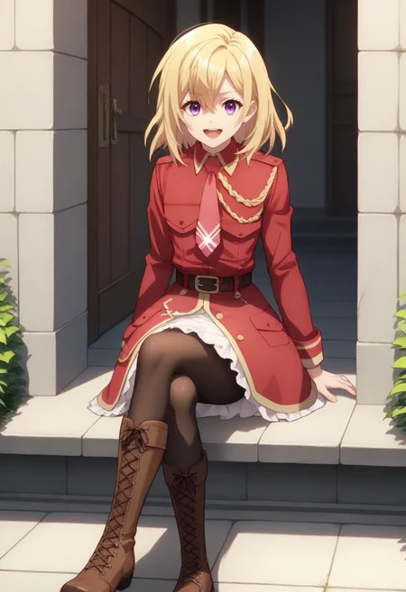 <lora:add-detail-xl:1>,<lora:Expressive_H-000001:1>,<lora:Jill_Savelle_v1.0_PONY-000028:1>,
anime coloring,ASCII score_9,score_8_up,score_7_up,
CDE_JE,1girl,solo,
blonde hair,hair between eyes,purple eyes,medium hair,
black pantyhose,pink necktie,red dress,cross-laced footwear,belt,military uniform,
open mouth,:d,smile,looking at viewer,cowboy_shot,sitting,crossed_legs,brown boots