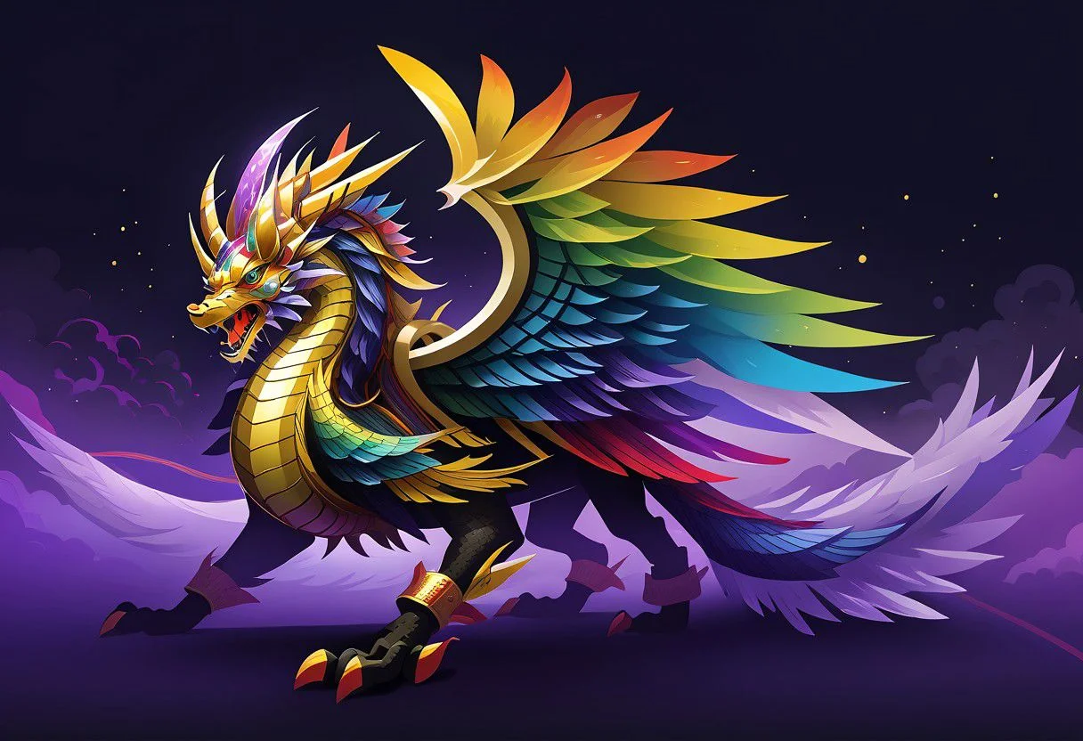 Mechanical Asian Dragon with rainbow scales and multiple feathered wings along its body, wearing a helmet with a glowing crest, BREAK, (8k:1.0), (hi res:1.0), (masterpiece:1.0), (best quality:1.0), (realistic:1.2), (ph0t0x2:1.0),
