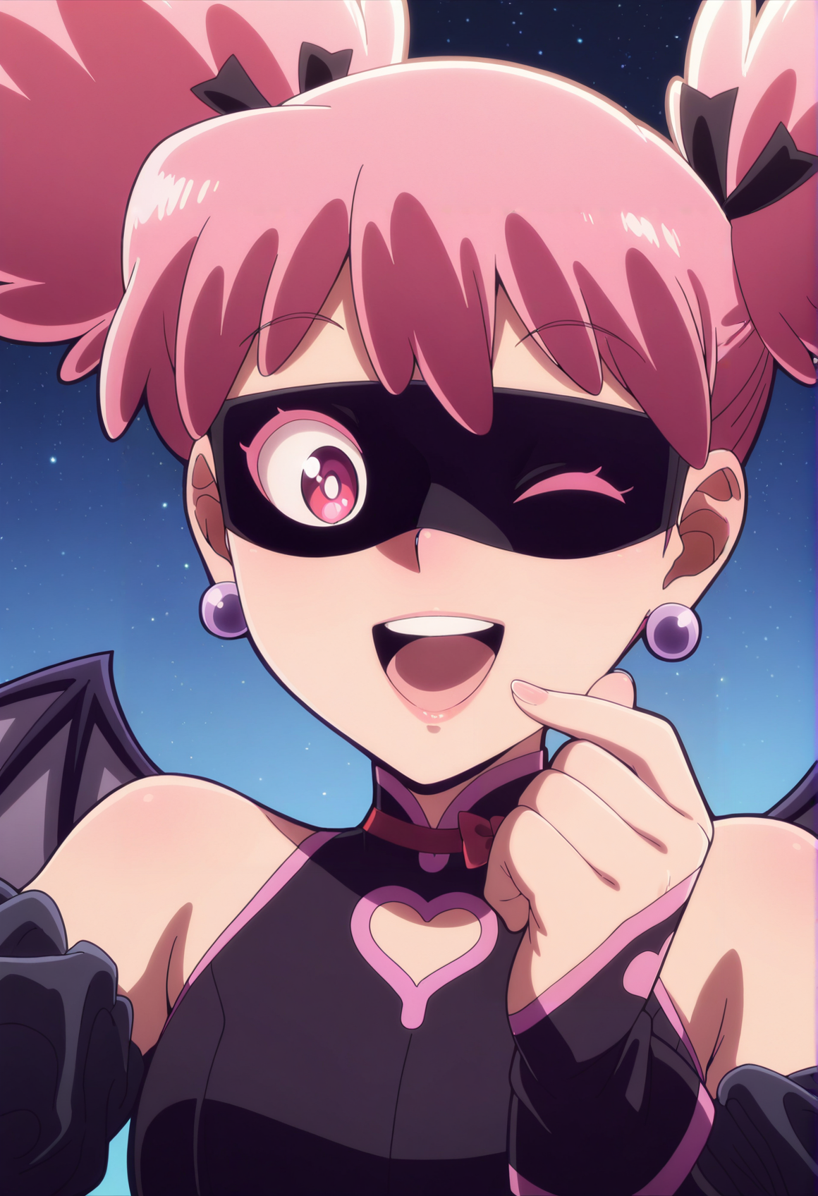 anime screenshot, anime screencap, anime coloring, 1girl, pink hair, pink eyes, twintails, eye mask, earrings, leotard, red bowtie, heart cutout, detached sleeves, fingerless gloves, bat wings, close-up, portrait, wink, heart finger, smile <lora:pop_step:1> open mouth, upper teeth only, masterpiece, best quality, amazing quality, very aesthetic, absurdres, highres, newest