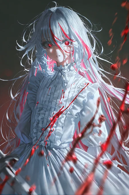 (artist:betabeet:1.2),artist:john_kafka,artist:nixeu,artist:quasarcake,1girl,(white hair),red streaked hair,red eyes,(upper body),red hair,(((with sword))),cold face,(beautiful detailed eyes),Blood drop,Blood fog,floating hair,light shafts,soft focus,character focus,disheveled hair,long bangs,hairs between eyes,looking at viewer,lowing hair,floating,Splashing blood,Long hair,(Bloodstain),dress,