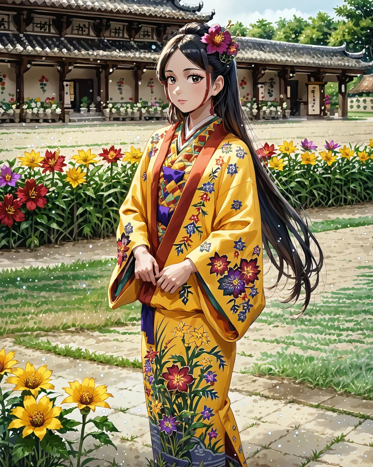 1girl, ryusou, long hair, jacquard fabric, light particles, intricate patterns, (patterned fabric:1.2), flower garden, grass, lawn, masterpiece, very detailed, highest quality, digital art, <lora:Ryusou_XL:1.2>, <lora:OtherStyle_08-Merge5_06_04_02_02:1>, score_9, score_8_up, score_7_up