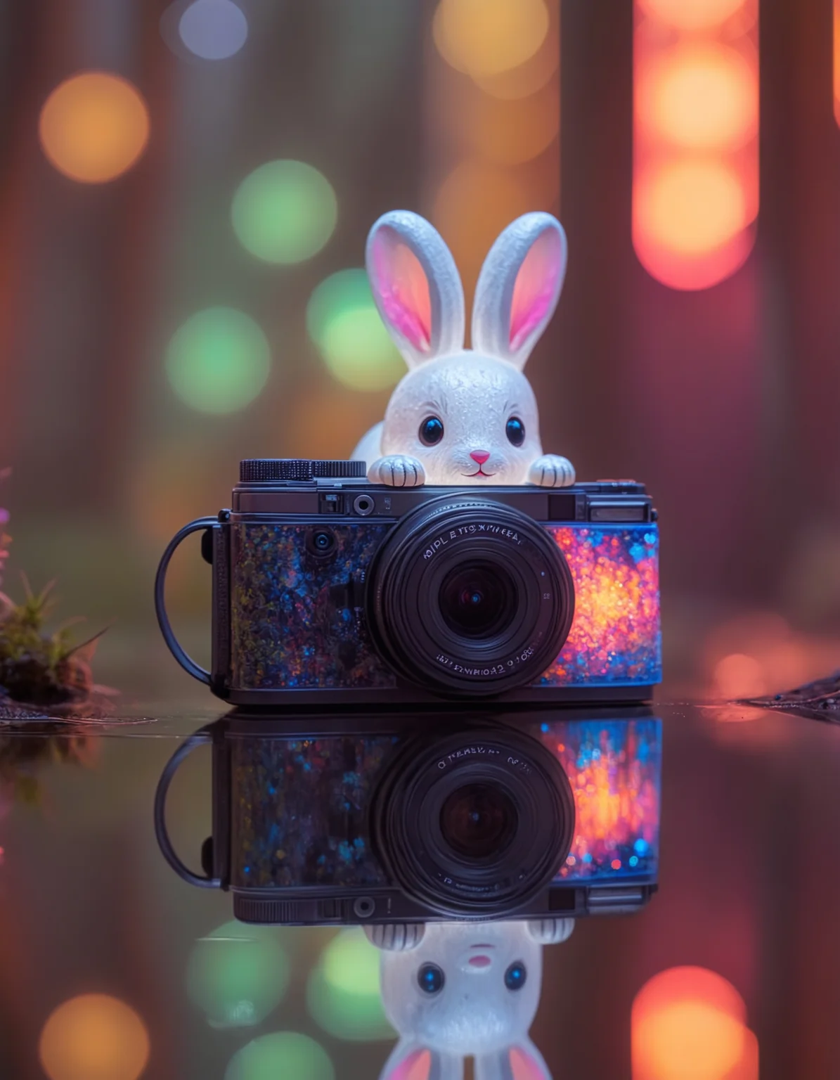 (roll camera on long axis:1.9,) dynamic skewed camera angle, a (transparent:1.2) [:statue:30] cute bunny of <lora:Bio-Luminescence:0.5> in a bioluminescent forest full of life, (bokeh:1.4), reflections off ponds,  <lora:ral-colorswirl:1> ral-colorswirl with vivid saturated colors,  Chiaroscuro , <lora:Radiant_Darkness:1> Radiant Darkness,