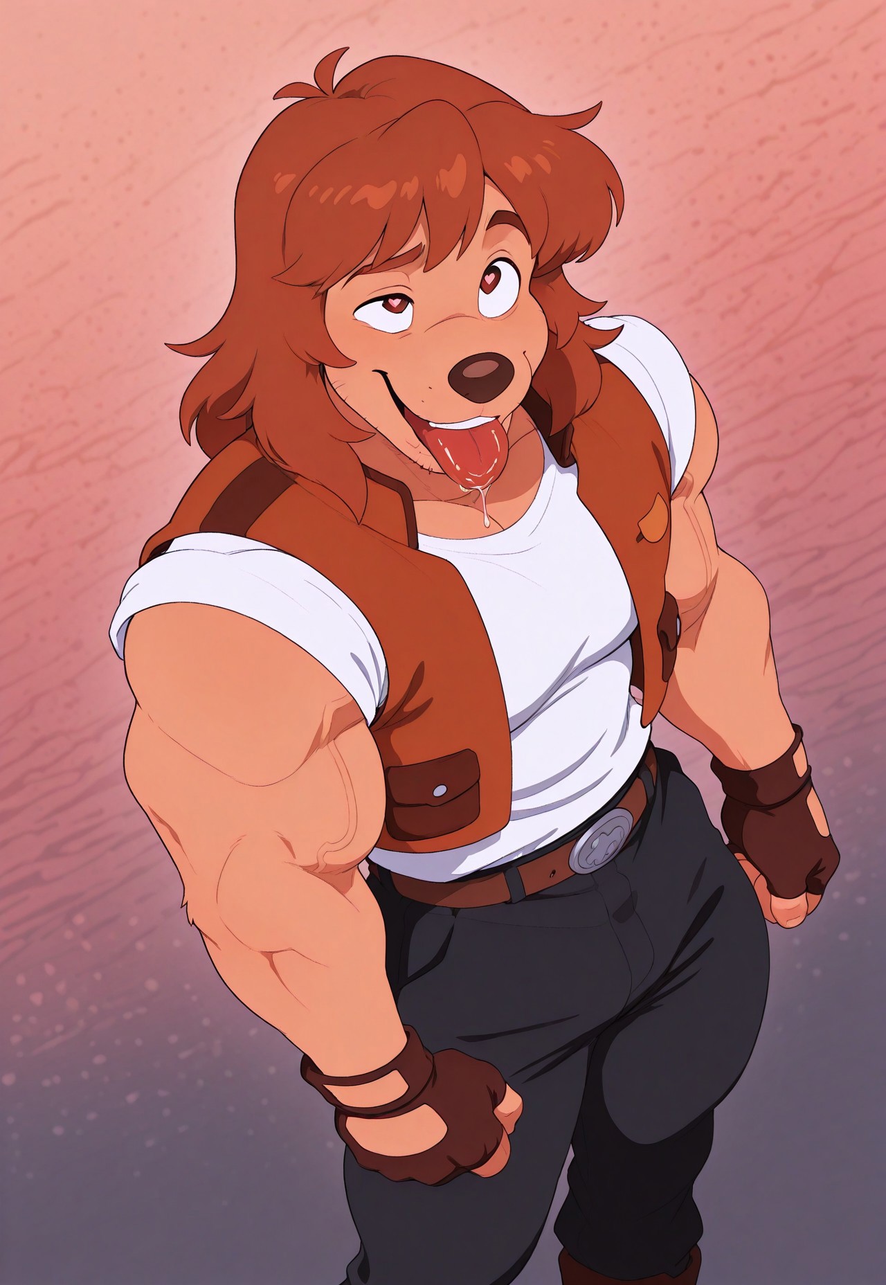 masterpiece, best quality, absurdres, newest, perfect quality, best quality, absolutely eye-catching, detailed background, intricate detail, cartoon shading, source_film_maker, gay, 1boy, male focus, ch4d, furry, brown hair, medium hair, sideburn, brown eyes, heart shaped pupils, ikigao, tongue out, saliva drool, eye roll, white shirt, brown vest, fingerless gloves, belt, black pants, boots, muscular male, abstract background, from above