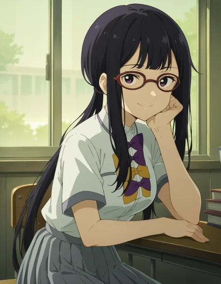 score_9, score_8_up, score_7_up, source_anime, <lora:koto-tsukinoko-alpha-ponyxl-lora-nochekaiser:1>, koto tsukinoko, long hair, bangs, black hair, purple eyes, sidelocks, glasses, low-tied ponytail,, skirt, shirt, bow, school uniform, white shirt, short sleeves, pleated skirt, bowtie, yellow bow, grey skirt, yellow bowtie, purple bow, purple bowtie,, indoors, smile, looking at viewer, solo, sitting, head rest,, cowboy shot, dutch angle