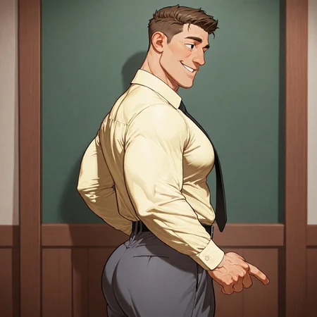 masterpiece, best quality, absurdres, newest, perfect quality, best quality, absolutely eye-catching, detailed background, intricate details, 1boy, male, male focus, solo, mature, brown hair, short hair, black eyes, yellow shirt, long sleeves, black tie, collared shirt, belt, grey pants, bara, muscular, large pectorals, large biceps, looking away, side view, standing, from the back, smile, very awa, absurdres, newest, perfect quality, detailed background, intricate details, (artist:rokudenashi:0.8), (artist:dizdoodz:0.7), (artist:gomtang:0.6)