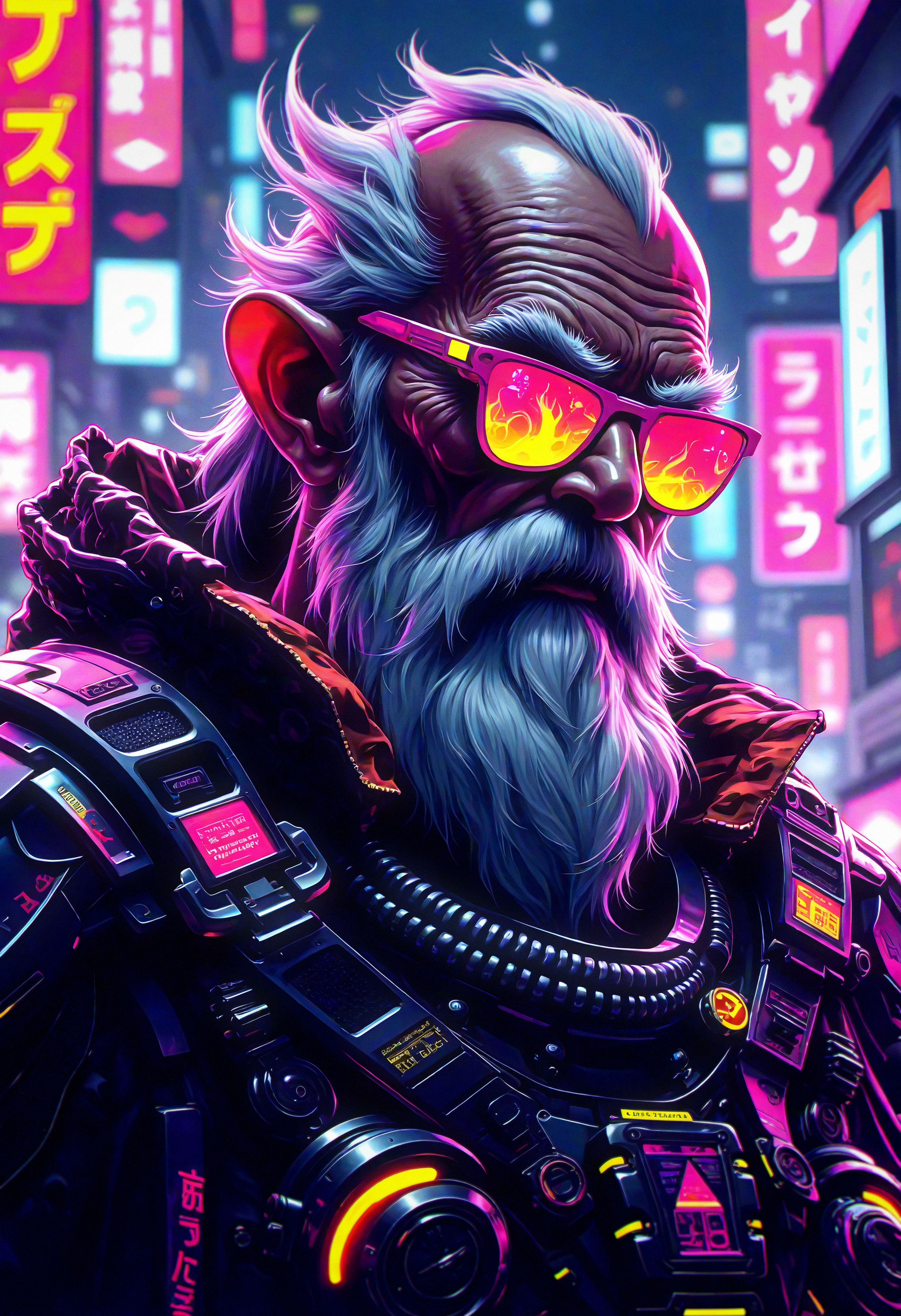 bo-cpposter, digital Illustration, cyberpunk poster,  Futuristic cyberpunk portrait of an elderly warrior with a thick white beard, wearing sleek, reflective sunglasses that filter neon lights. His rugged face, marked by age and experience, is illuminated by vibrant magenta and electric yellow hues, creating a strong contrast. The background features blurred cityscape elements with Japanese text and digital advertisements, enhancing the high-tech aesthetic. His armor is intricately detailed, combining organic shapes with mechanical features, reflecting a seamless blend of humanity and technology in a hyperrealistic style. The atmosphere is intense, evoking a sense of mystery and resilience against a bustling urban backdrop., <lora:FLUX Cyberpunk Poster\FLUX Cyberpunk Poster_epoch_5.safetensors:1.0:1.0>