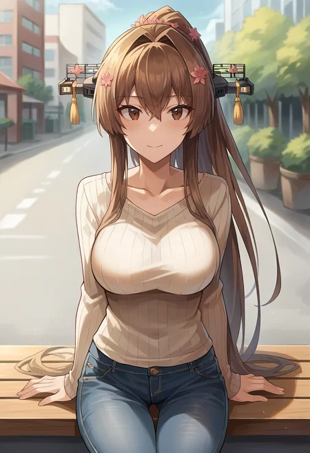 score_9, score_8_up, score_7_up, source_anime, masterpiece, 1girl, solo, ct_y4mat0, large breasts, brown eyes, headgear, light brown sweater, ribbed sweater, v-neck, denim pants, looking at viewer, outdoors, city, depth of field, day, shiny hair, facing viewer, shiny skin, sitting, collarbone, <lora:Yamato_Kancolle_Pony_ct_ver2:0.8>