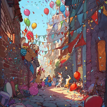 score_9, score_8_up, score_7_up, fluffy_new_year, multiple rats wearing various party hats, new years eve party, balloons, confetti, alley background
