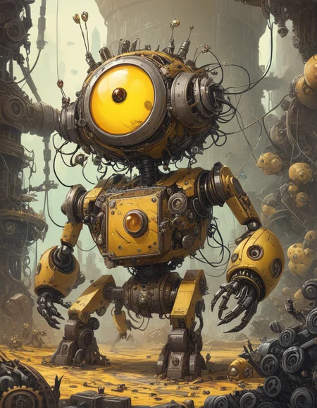 robot, robotic, metal,  no humans, wires,  gears, circuit, servos,  cute, <lora:Iron_World_Morph:.1>, best quality, quality, masterpiece, solo focus,  yellow theme, famous artwork by (jae cheol park \(valentina kallias\):1.1) and (winona nelson:1.3), detailed expressive eyes, fantasy style, this image shows the gross wetnabber, in the lush foxylorbled lands of the accursed planet manyquirk secundus, this slow and bumbling creature is crunkeling a nadderish orbshnodder and attempts to balance atop stacks of shmodding horgsmuffler while surrounded by happily bouncing hard-shelled chatterlodders