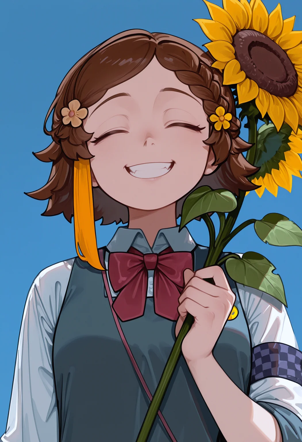 Makishima Haru omop, streaked hair, brown eyes, 1girl, flower, smile, closed eyes, solo, sunflower, sky, blue sky, grin, holding, outdoors, yellow flower, hair flower, facing viewer, upper body, day, hand up <lora:None:1.0000000000000002> <lora:Makishima_Haru_omop2:1.0000000000000002> <lora:honkibooty_Style:1.0>