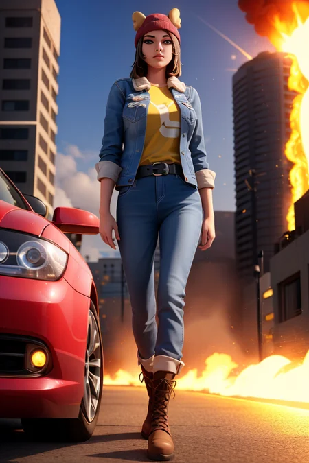 (realistic:1.5), <lora:Skye_75Koto_DB:0.5>, 1girl, xyzskye, 3d, render, red_headwear, red beanie, serious look, lips, (big eyes), looking away, brown hair, beautiful face, blue eyes, octane render, walking, yellow shirt, jacket, holster, boots, sidearm, black_legwear, pants, belt, explosion in the background, nuclear explosion, nuke, fire, city, car, holding a grenade
