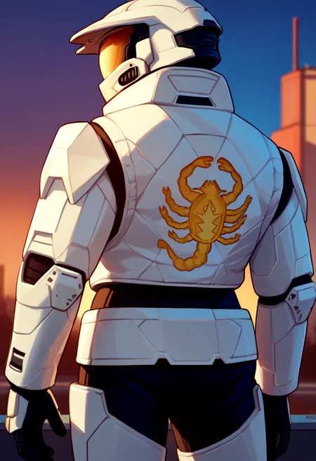 score_9, score_8_up, score_7_up, source_anime BREAK 1girl, solo,<lora:drivejacket-outfit-richy-v1_pdxl:1> print jacket, white jacket, from side, from behind, <lora:masterchief-halo-richy-v1_pdxl:0.8> helmet, visor, master chief, power armor,