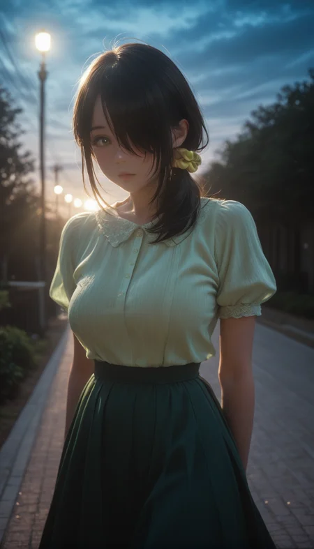 <lora:LCMTurboMix_Euler_A_fix:1> <lora:example_SDXL:0.3>, EZRealPONYXL, <lora:Dramatic Lighting Slider:3> <lora:realistic filter [IL]:1>
DSLR,realistic,cosplay photo, (very awa,masterpiece,best quality,year 2024,newest,absurdres,highres:1), realistic,skin texture,facial features, photography shot with Canon EOS 5D Mark IV , realistic, RAW, best quality, masterpiece, amazing quality, skin details,
highly detailed beautiful face, large natural breasts,
detailed background, shiny skin, dutch angle, night, moonlight,
beautiful detailed eyes, intricate details, absurdres,
artist: onono imoko, artist: taesi,
newest, masterpiece, best quality, 4k,ultra detail, 
outdoors, very aesthetic, detailed background, 
1girl, solo,  <lora:Kotono Shiunji:1> k0tono, black hair, long hair, hair over one eye, yellow eyes, hair scrunchie, blush,green shirt, short sleeves, puffy sleeves, dark green skirt,