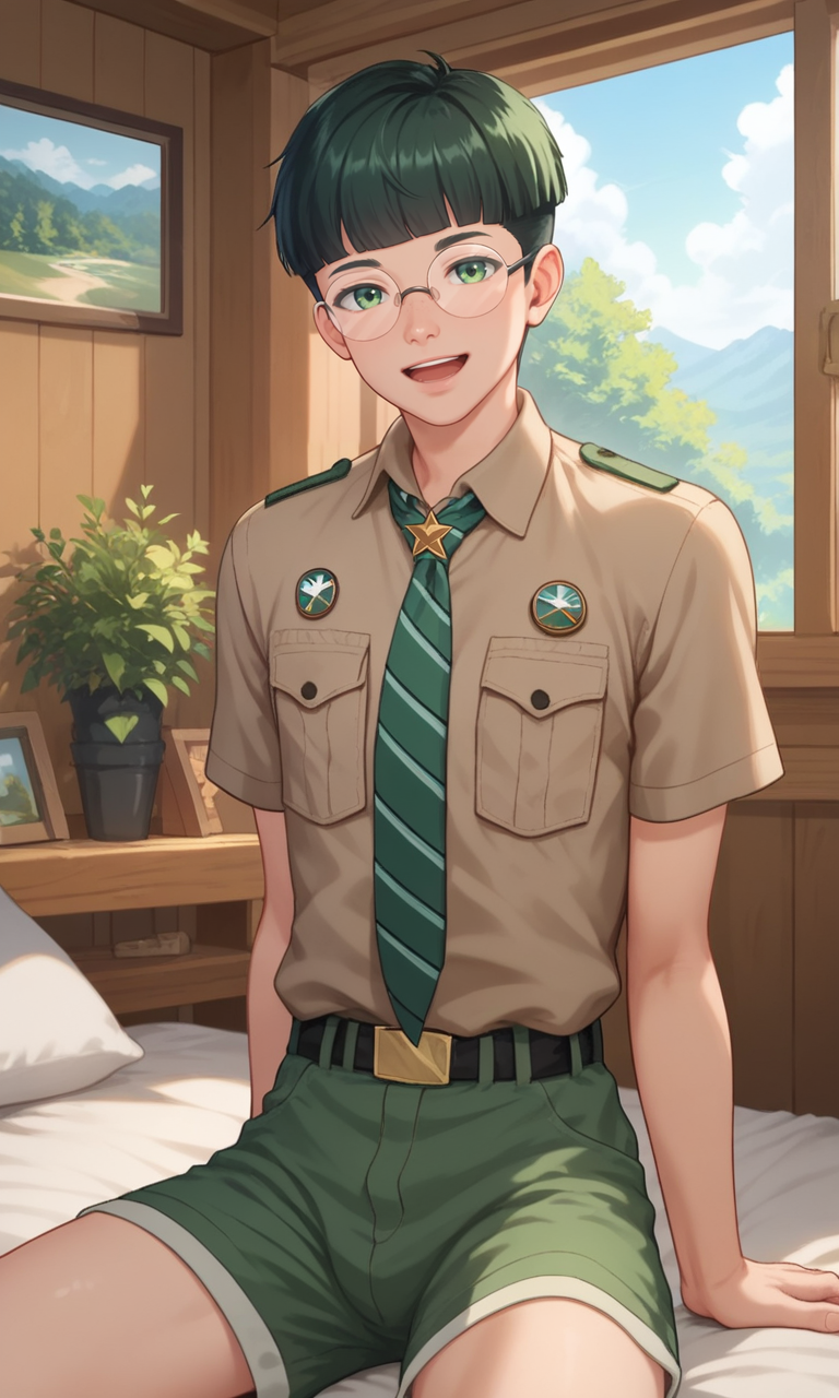 score_9, score_8_up, score_7_up, masterpiece, best quality, lots of details, (close-up:1.1), ((1boy)), Leonard, solo, (slim:1.2), glasses, looking at viewer, open mouth, light smile, male focus, sitting, on bed, brown-gray shirt, green necktie, green shorts, shaded, detailed shading, detailed skin, shaded skin, realistic shading, Expressiveh, countershading:1.1, cabin, single bed, bedroom, indoor plant, indoors,  <lora:add-detail-xl:0.7>, <lora:Smooth Anime 2 Style SDXL_LoRA_Pony Diffusion V6 XL:0.8>, <lora:Expressive_H:0.8>, <lora:Leonard_XL_V10_OPT-000007:0.9>